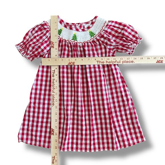 Girls nwot 3T Red Gingham Smocked Christmas Dress Embroidered Trees Puff Sleeve - Picture 3 of 6